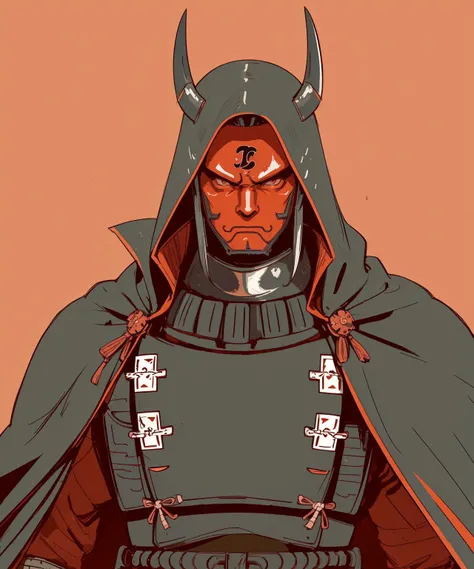 a man in a cape, samurai mask, heavy metal armor under the cape, metal SIC_OUTLINED, illustration, rough outlines, thick outlines <lora:SIC_outline_v1.01:1.2>, simple red background