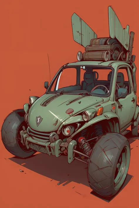 post-apocalyptic punk Buggy , SIC_OUTLINED, (illustration, rough outlines, thick outlines:1.1), exaggerated proportions, 2d character, <lora:SIC_outline_v1.01:1.0>, simple red background