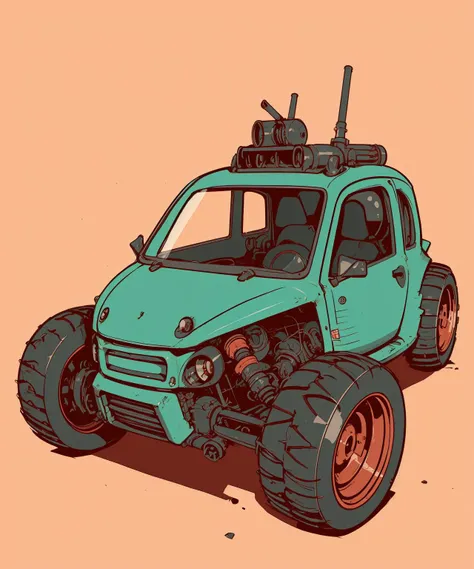 post-apocalyptic punk Buggy , SIC_OUTLINED, (illustration, rough outlines, thick outlines:1.1), exaggerated proportions, 2d character, <lora:SIC_outline_v1.01:1.2>, simple red background