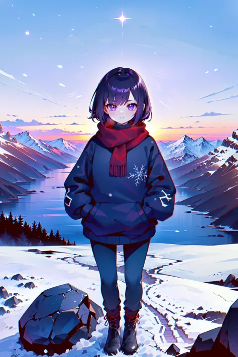 (best quality, masterpiece:1.1),   close up, from above, looking outside,   (1female), [angry face|smile face], purple hair, very short hair, hair between eyes,        sleeves pasts wrists, (black sweater, red scarf, black winter pants), ( snowy mountaintop, winter clothes, standing on a rock),  , <lora:SIC_outline_v1.01:2>