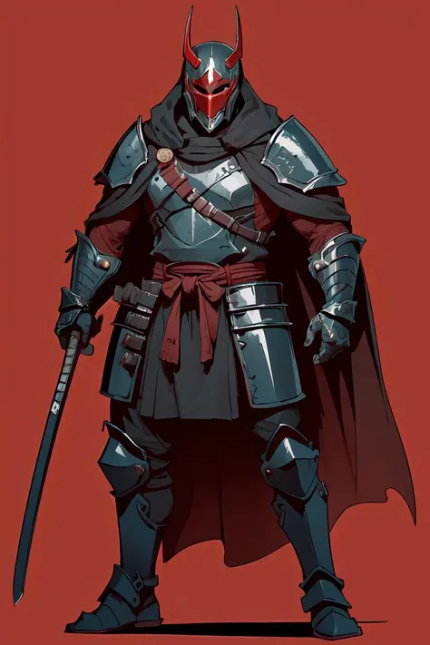 a man in a cape, samurai mask, heavy metal armor under the cape, metal SIC_OUTLINED, illustration, rough outlines, thick outlines <lora:SIC_outline_v1.01:0.8>, simple red background