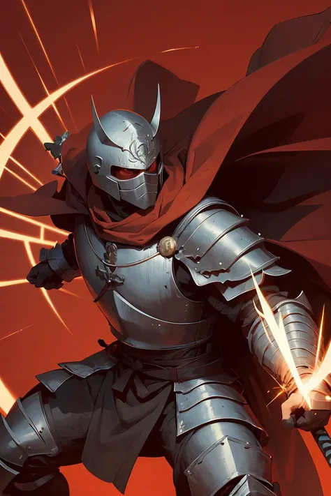 action scene,dynamic pose,masterpiece, best quality,  a man in a cape, samurai mask, heavy metal armor under the cape, metal SIC_OUTLINED, illustration, rough outlines, thick outlines <lora:SIC_outline_v1.01:0.8>, simple red background