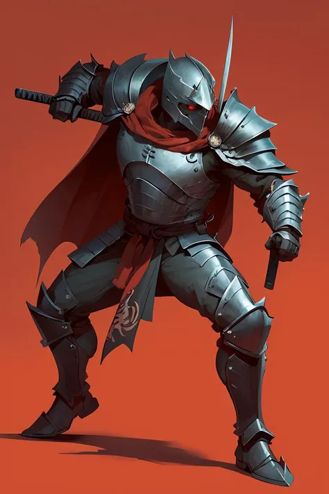 action scene,dynamic pose,masterpiece, best quality, a man in a cape, samurai mask, heavy metal armor under the cape, metal SIC_OUTLINED, illustration, rough outlines, thick outlines <lora:SIC_outline_v1.01:0.8>, simple red background
