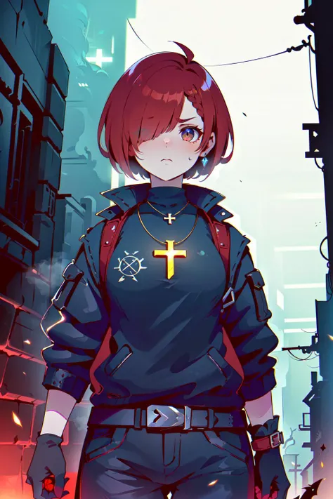 (best quality, masterpiece:1.1), upper body, (1female), frustrated face, red hair, absurdly short hair, hair over one eye, triple bun, female witch hunter, crossbow, hat, cross necklace, ( (dark fantasy), dark aura, dust, black particles, (fog), (street, underworld street:1.2), underground dark city, (fantasy, medieval, ancient)), , <lora:SIC_outline_v1.01:2>