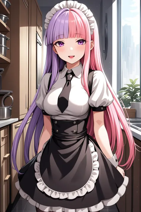 (masterpiece, best quality, very aesthetic, ultra detailed), intricate details, highly detailed background, perfect lightingbest quality, niigakihina, solo, indoors, kitchen, maid, purple hair, two-tone hair, split-color hair, pink hair, blunt bangs, very long hair, purple eyes, medium breasts, black dress, frilled dress, white shirt, black necktie, puffy short sleeves, wrist cuffs, waist apron, maid apron, frilled apron, frilled skirt, smile, open mouth, :d, pink lips, <lora:Niigaki-Hina-XL-10:0.7>