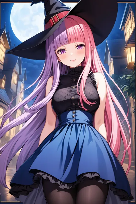 (masterpiece, best quality, very aesthetic, ultra detailed), intricate details, highly detailed background, perfect lightingbest quality, niigakihina, solo, outdoors, night, full moon, witch, witch hat, black headwear, purple hair, two-tone hair, split-color hair, pink hair, blunt bangs, very long hair, purple eyes, medium breasts, blue dress, frilled dress, sleeveless dress, frilled dress, black pantyhose, smile, closed mouth, :), pink lips, <lora:Niigaki-Hina-XL-10:0.7>