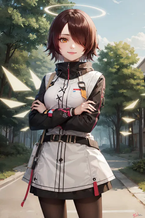 (masterpiece, best quality:1.2), <lora:arknights_exusiai-10:1>, cowboy shot, solo, 1girl, exusiai, smile, closed mouth, looking at viewer, crossed arms, hair over one eye, halo, exusiaidef, pantyhose, detached wings
