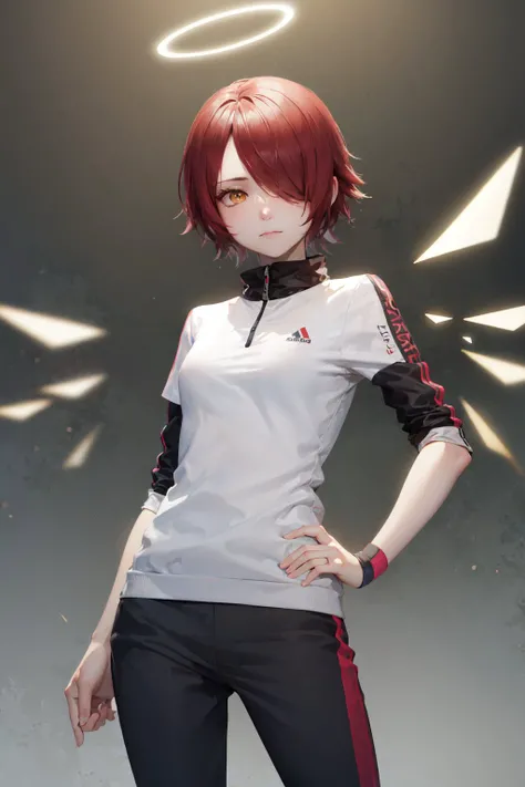 (masterpiece, best quality:1.2), <lora:arknights_exusiai-10:1.0>, cowboy shot, solo, 1girl, exusiai, expressionless, closed mouth, looking at viewer, hand on hip, red hair, hair over one eye, halo, white t-shirt, track pants, detached wings
