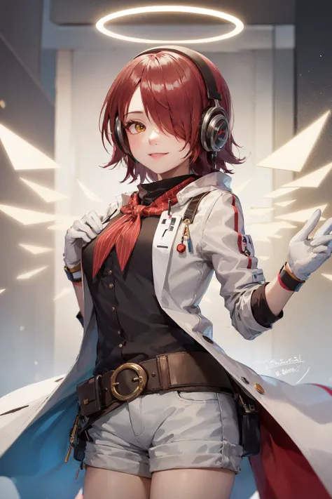 (masterpiece, best quality:1.2), <lora:arknights_exusiai-10:0.8>, cowboy shot, solo, 1girl, exusiaicr, smile, closed mouth, looking at viewer, hair over one eye, headphones, halo, red neckerchief, white shorts, white gloves, detached wings