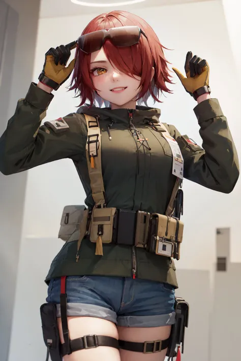 (masterpiece, best quality:1.2), <lora:arknights_exusiai-10:1.0>, cowboy shot, solo, 1girl, exusiaiwo, smile, looking at viewer, red hair, hair over one eye, eyewear on head, halo, military jacket, blue shorts, thigh strap, detached wings