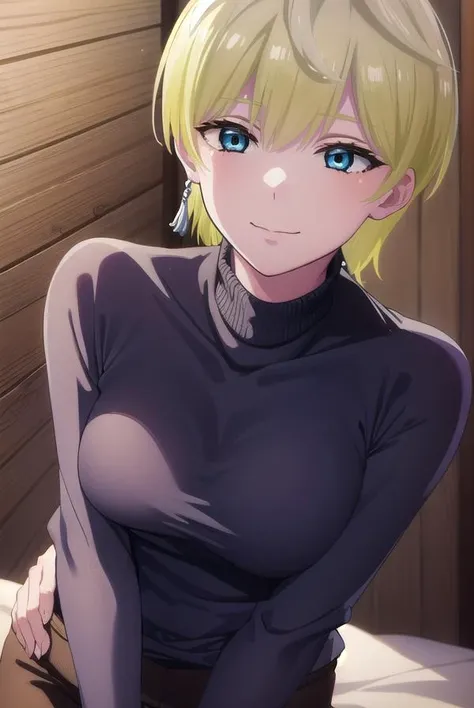 akaneh, 1girl, solo, looking at viewer, short hair, blue eyes, blonde hair, shirt, hair between eyes, bare shoulders, medium breasts, black panties, black bra, shirt pull, white shirt, underwear, underboob, from below, collared shirt, long sleeves, blush