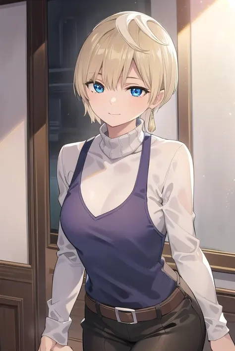 tenkaizumo, <lora:tenka izumo manga-lora-nochekaiser:1>,
tenka izumo, short hair, blue eyes, blonde hair, smile,
BREAK skirt, long sleeves, jewelry, pantyhose, earrings, vest, sweater, turtleneck, turtleneck sweater,
BREAK indoors, bed,
BREAK looking at viewer, (cowboy shot:1.5),
BREAK <lyco:GoodHands-beta2:1>, (masterpiece:1.2), best quality, high resolution, unity 8k wallpaper, (illustration:0.8), (beautiful detailed eyes:1.6), extremely detailed face, perfect lighting, extremely detailed CG, (perfect hands, perfect anatomy),