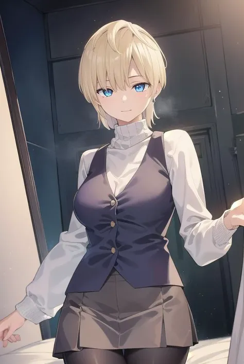 tenkaizumo, <lora:tenka izumo manga-lora-nochekaiser:1>,
tenka izumo, short hair, blue eyes, blonde hair, smile,
BREAK skirt, long sleeves, jewelry, pantyhose, earrings, vest, sweater, turtleneck, turtleneck sweater,
BREAK indoors, bed,
BREAK looking at viewer, (cowboy shot:1.5),
BREAK <lyco:GoodHands-beta2:1>, (masterpiece:1.2), best quality, high resolution, unity 8k wallpaper, (illustration:0.8), (beautiful detailed eyes:1.6), extremely detailed face, perfect lighting, extremely detailed CG, (perfect hands, perfect anatomy),