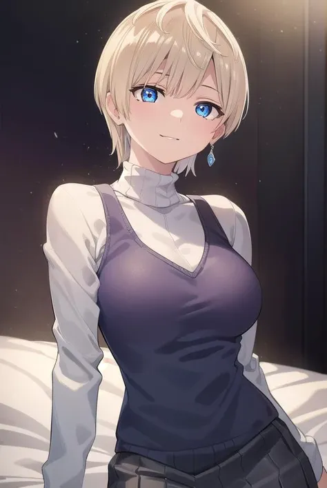 tenkaizumo, <lora:tenka izumo manga-lora-nochekaiser:1>,
tenka izumo, short hair, blue eyes, blonde hair, smile,
BREAK skirt, long sleeves, jewelry, pantyhose, earrings, vest, sweater, turtleneck, turtleneck sweater,
BREAK indoors, bed,
BREAK looking at viewer, (cowboy shot:1.5),
BREAK <lyco:GoodHands-beta2:1>, (masterpiece:1.2), best quality, high resolution, unity 8k wallpaper, (illustration:0.8), (beautiful detailed eyes:1.6), extremely detailed face, perfect lighting, extremely detailed CG, (perfect hands, perfect anatomy),