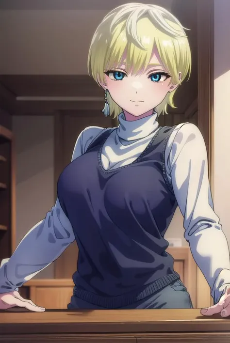 tenkaizumo, <lora:tenka izumo s1-lora-nochekaiser:1>,
tenka izumo, short hair, blue eyes, blonde hair, smile,
BREAK skirt, long sleeves, jewelry, pantyhose, earrings, vest, sweater, turtleneck, turtleneck sweater,
BREAK indoors, bed,
BREAK looking at viewer, (cowboy shot:1.5),
BREAK <lyco:GoodHands-beta2:1>, (masterpiece:1.2), best quality, high resolution, unity 8k wallpaper, (illustration:0.8), (beautiful detailed eyes:1.6), extremely detailed face, perfect lighting, extremely detailed CG, (perfect hands, perfect anatomy),