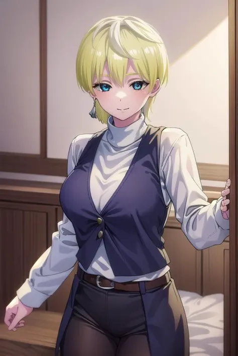 tenkaizumo, <lora:tenka izumo s1-lora-nochekaiser:1>,
tenka izumo, short hair, blue eyes, blonde hair, smile,
BREAK skirt, long sleeves, jewelry, pantyhose, earrings, vest, sweater, turtleneck, turtleneck sweater,
BREAK indoors, bed,
BREAK looking at viewer, (cowboy shot:1.5),
BREAK <lyco:GoodHands-beta2:1>, (masterpiece:1.2), best quality, high resolution, unity 8k wallpaper, (illustration:0.8), (beautiful detailed eyes:1.6), extremely detailed face, perfect lighting, extremely detailed CG, (perfect hands, perfect anatomy),
