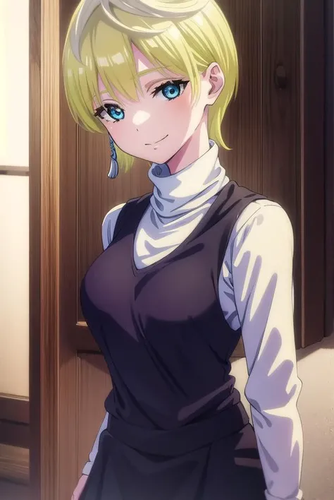 tenkaizumo, <lora:tenka izumo s1-lora-nochekaiser:1>,
tenka izumo, short hair, blue eyes, blonde hair, smile,
BREAK skirt, long sleeves, jewelry, pantyhose, earrings, vest, sweater, turtleneck, turtleneck sweater,
BREAK indoors, bed,
BREAK looking at viewer, (cowboy shot:1.5),
BREAK <lyco:GoodHands-beta2:1>, (masterpiece:1.2), best quality, high resolution, unity 8k wallpaper, (illustration:0.8), (beautiful detailed eyes:1.6), extremely detailed face, perfect lighting, extremely detailed CG, (perfect hands, perfect anatomy),