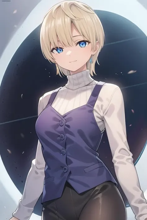 tenkaizumo, <lora:tenka izumo manga-lora-nochekaiser:1>,
tenka izumo, short hair, blue eyes, blonde hair, smile,
BREAK skirt, long sleeves, jewelry, pantyhose, earrings, vest, sweater, turtleneck, turtleneck sweater,
BREAK indoors, bed,
BREAK looking at viewer, (cowboy shot:1.5),
BREAK <lyco:GoodHands-beta2:1>, (masterpiece:1.2), best quality, high resolution, unity 8k wallpaper, (illustration:0.8), (beautiful detailed eyes:1.6), extremely detailed face, perfect lighting, extremely detailed CG, (perfect hands, perfect anatomy),