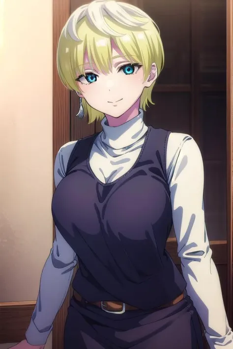 1girl,(long face),(id card),(masterpiece:1.2), (best quality:1.2), heavy breathing, perfect eyes, perfect face, perfect lighting, slim, mature female, large breasts, cleavage, business suit, long hair tied up, blonde hair, wavy hair, blue eyes, earrings, ring, short mini skirt, office, detailed background, blonde pubic hair peeking, black underwear, heavy blush, heart eyes, lewd smile, looking at viewer, hearts around head