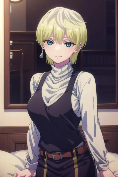 tenkaizumo, <lora:tenka izumo s1-lora-nochekaiser:1>,
tenka izumo, short hair, blue eyes, blonde hair, smile,
BREAK skirt, long sleeves, jewelry, pantyhose, earrings, vest, sweater, turtleneck, turtleneck sweater,
BREAK indoors, bed,
BREAK looking at viewer, (cowboy shot:1.5),
BREAK <lyco:GoodHands-beta2:1>, (masterpiece:1.2), best quality, high resolution, unity 8k wallpaper, (illustration:0.8), (beautiful detailed eyes:1.6), extremely detailed face, perfect lighting, extremely detailed CG, (perfect hands, perfect anatomy),