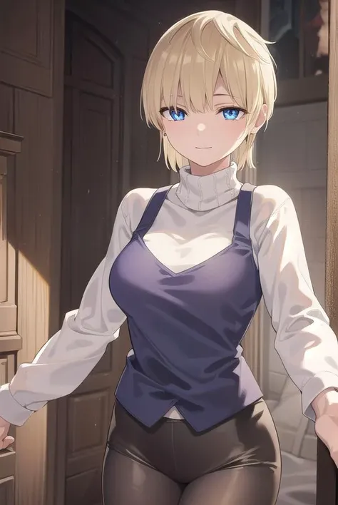 tenkaizumo, <lora:tenka izumo manga-lora-nochekaiser:1>,
tenka izumo, short hair, blue eyes, blonde hair, smile,
BREAK skirt, long sleeves, jewelry, pantyhose, earrings, vest, sweater, turtleneck, turtleneck sweater,
BREAK indoors, bed,
BREAK looking at viewer, (cowboy shot:1.5),
BREAK <lyco:GoodHands-beta2:1>, (masterpiece:1.2), best quality, high resolution, unity 8k wallpaper, (illustration:0.8), (beautiful detailed eyes:1.6), extremely detailed face, perfect lighting, extremely detailed CG, (perfect hands, perfect anatomy),