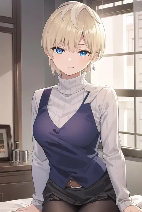 tenkaizumo, <lora:tenka izumo manga-lora-nochekaiser:1>,
tenka izumo, short hair, blue eyes, blonde hair, smile,
BREAK skirt, long sleeves, jewelry, pantyhose, earrings, vest, sweater, turtleneck, turtleneck sweater,
BREAK indoors, bed,
BREAK looking at viewer, (cowboy shot:1.5),
BREAK <lyco:GoodHands-beta2:1>, (masterpiece:1.2), best quality, high resolution, unity 8k wallpaper, (illustration:0.8), (beautiful detailed eyes:1.6), extremely detailed face, perfect lighting, extremely detailed CG, (perfect hands, perfect anatomy),