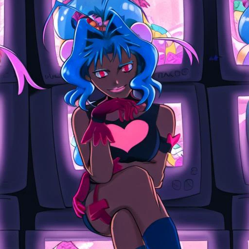 dark-skinned female, sitting, smile, 1girl, hair bun, gloves, crossed legs, blue hair, solo, dark skin