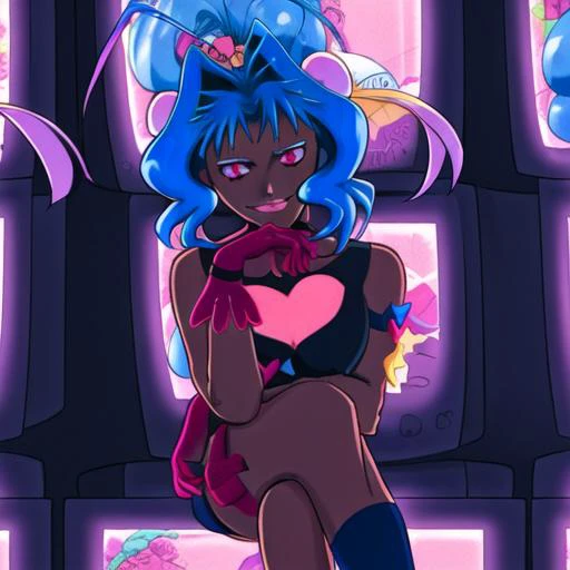 gloves, solo, sitting, dark skin, 1girl, dark-skinned female, crossed legs, hair bun, blue hair, smile