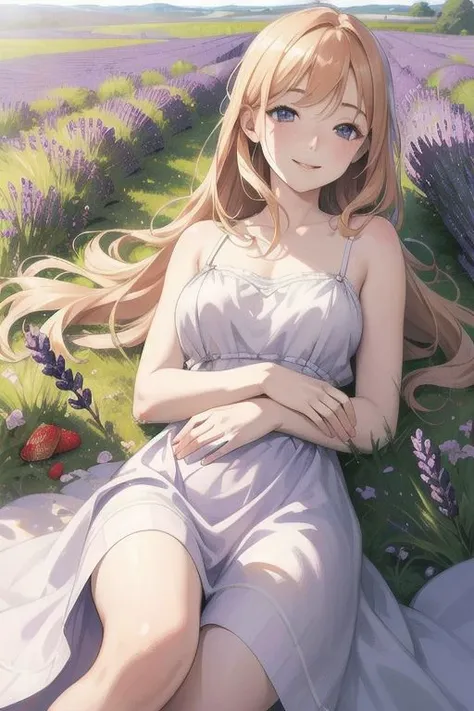 a field of lavender, early summer, a young woman with strawberry blonde hair, pale blue sundress, on her back on the ground surrounded by lavender, flirting, smiling softly, glancing at viewer, (hyper realism, soft light, dramatic light, sharp, HDR)