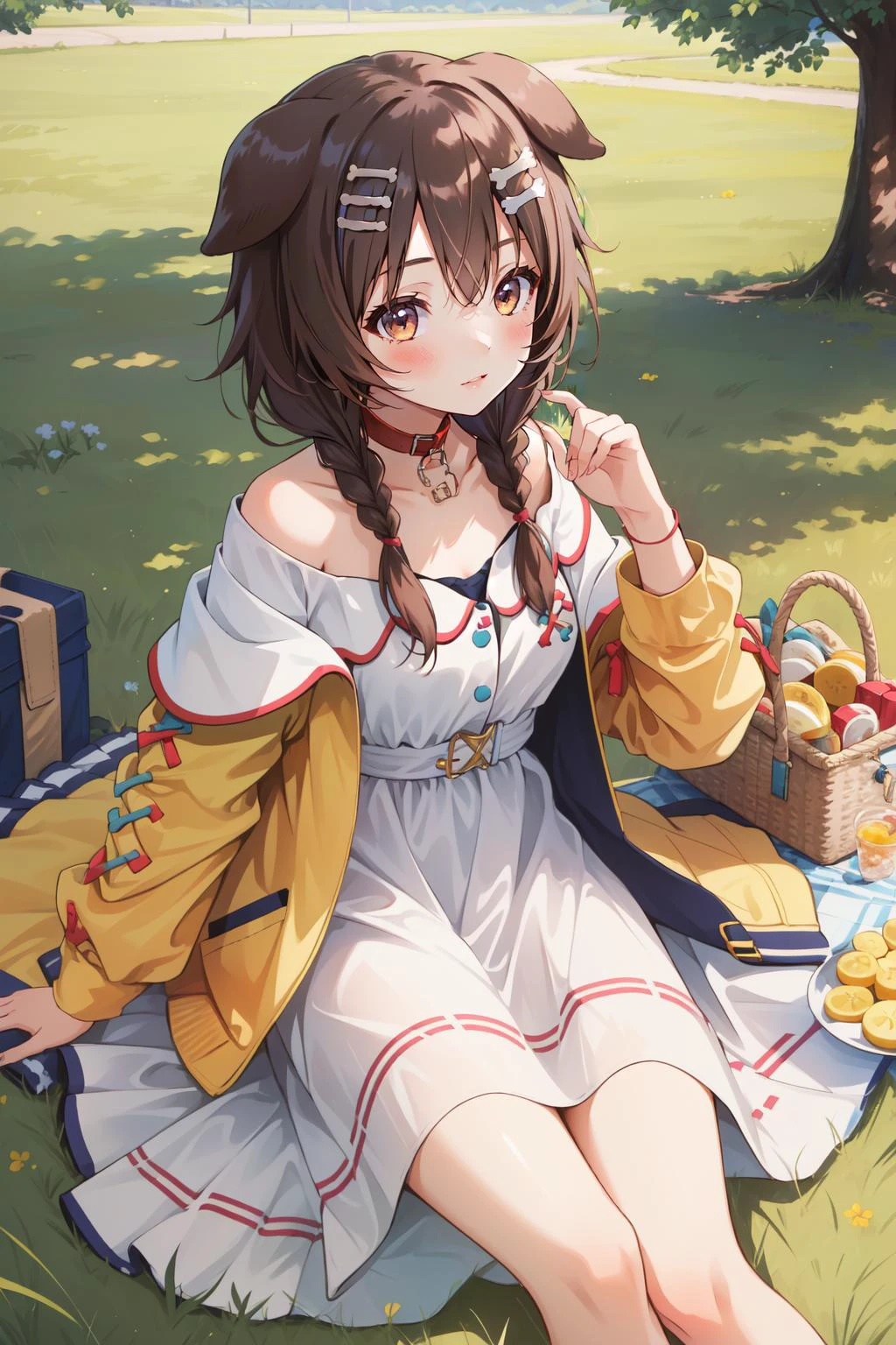 (masterpiece, best quality), intricate details,
1girl, <lora:inugami korone 7 outfits:0.8> koronedefault, yellow jacket, white dress, off shoulder, animal collar, low twin braids, bone hair ornament, dog tail,
outdoors, grass, picnic, tree, sun, shadows,