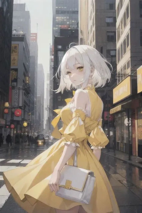 1girl,white hair,yellow dress,city