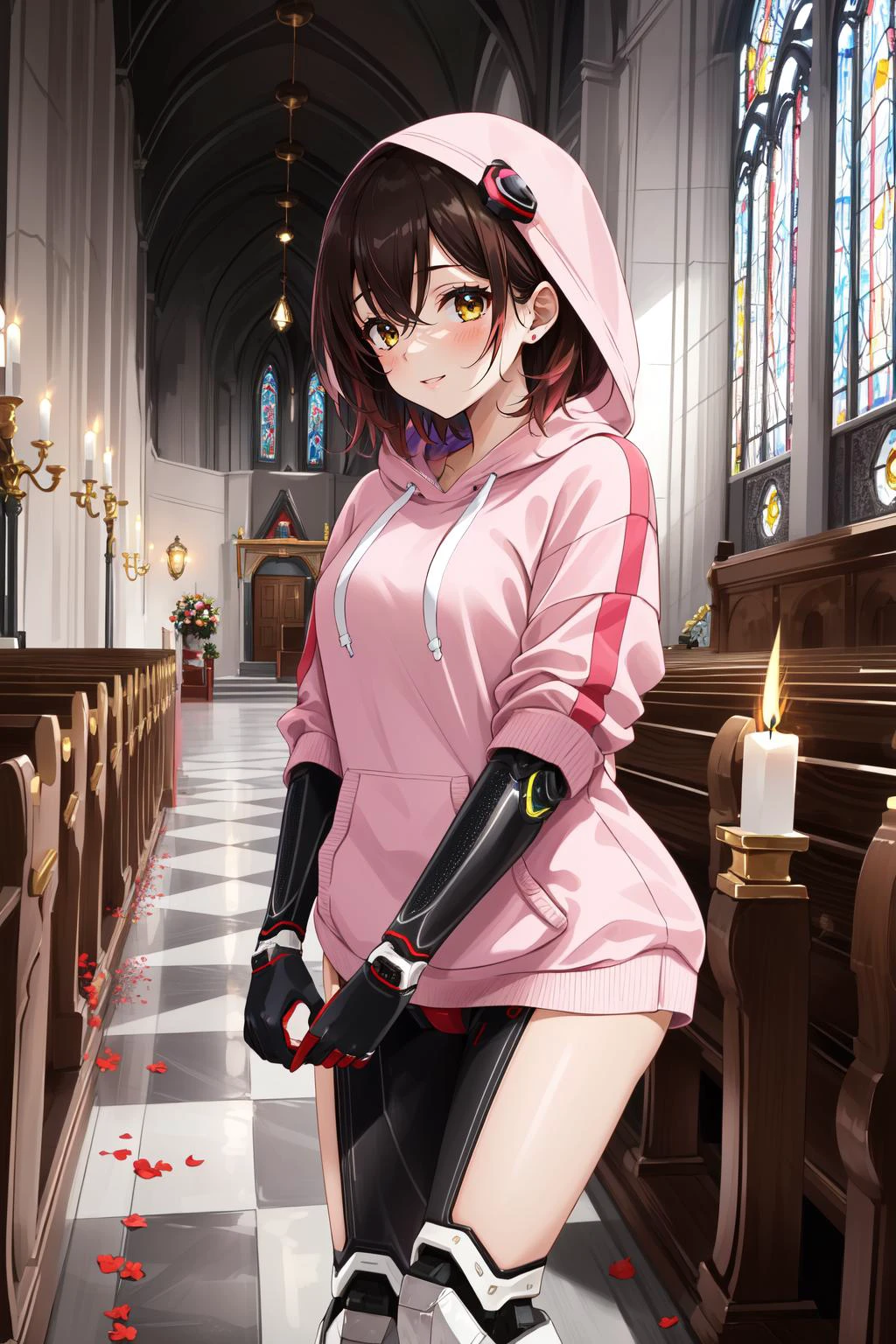 (masterpiece, best quality), intricate details,
1girl, <lora:hololive_roboco-san-10:0.8> roboco1st, android, mechanical arms, pink hoodie, gloves, mechanical legs,
indoors, wedding, church, candles, happy,