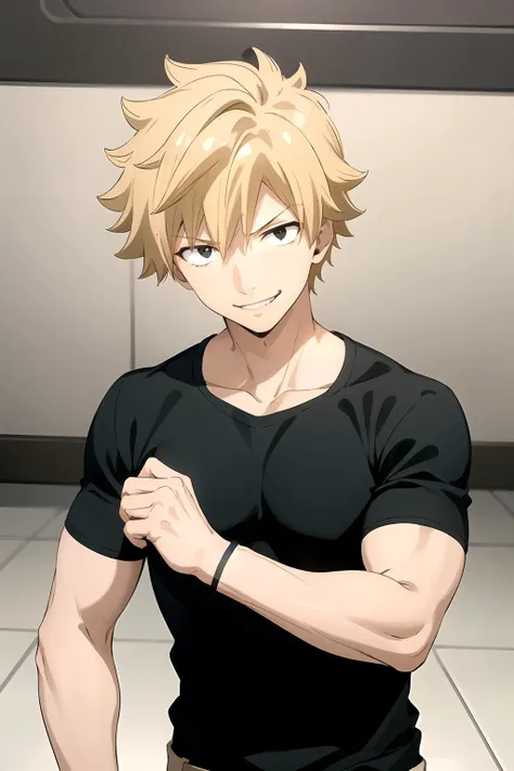 <lora:weisz_steiner:1>, (((weisz-v2))),1boy,solo,short hair, blonde hair,black eyes, simple black shirt shirt, khaki pants, smiling, spiked bangs,