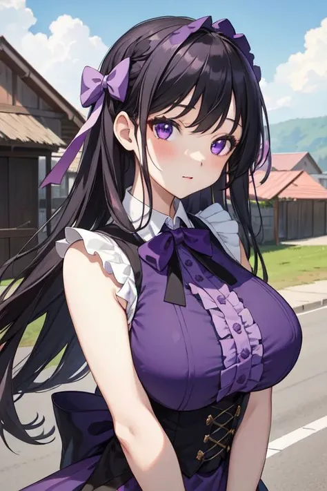 masterpiece, best quality, 1girl, outdoors, houses, road, huge breasts, upper body, purple dress, bow, frills, sleeveless, ribbons, black long hair, purple eyes, looking at viewer