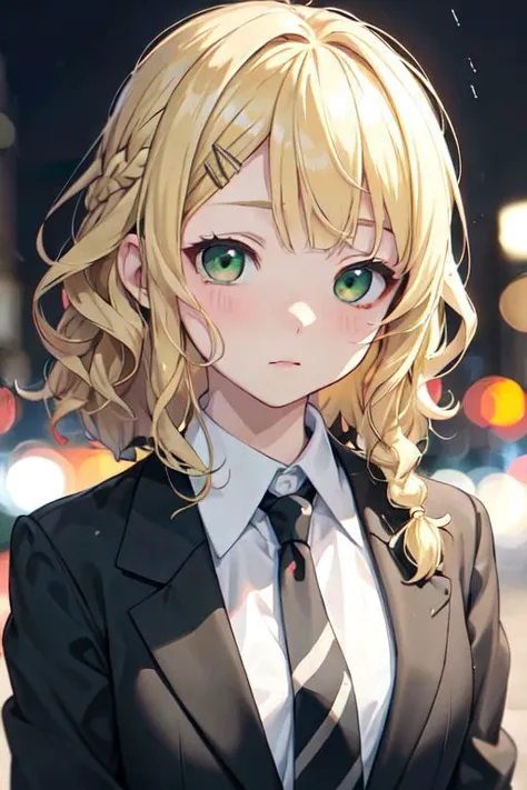 masterpiece, best quality, cute, kawaii, anime screencap, close up,
medium hair, wavy hair, blonde hair, green eyes, swept bangs, shirt, braid, suit jacket, hairpin, necktie,
depth of field, street, bokeh, night, portrait,