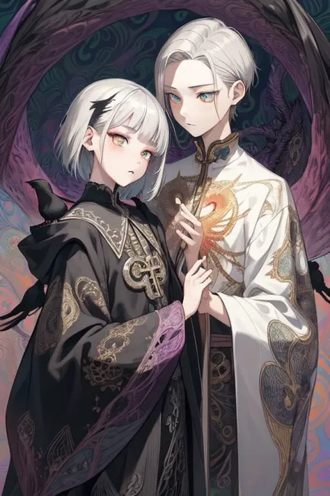 realistic, (masterpiece, top quality, best quality, official art, beautiful and aesthetic:1.2), extremely detailed,fractal art,colorful,highest detailed,zentangle,(abstract background:1.5) (1boy + 1girl:1.3), (crows),silver hair, bright eyes,hair slicked back, short hair, black robe, dark fantasy, holy, horror, most beautiful photo, photorealistic, dragons, skulls