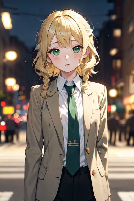 masterpiece, best quality, cute, kawaii, anime screencap,
medium hair, wavy hair, blonde hair, green eyes, swept bangs, shirt, braid, suit jacket, hairpin, necktie,
depth of field, street, bokeh, night, portrait,