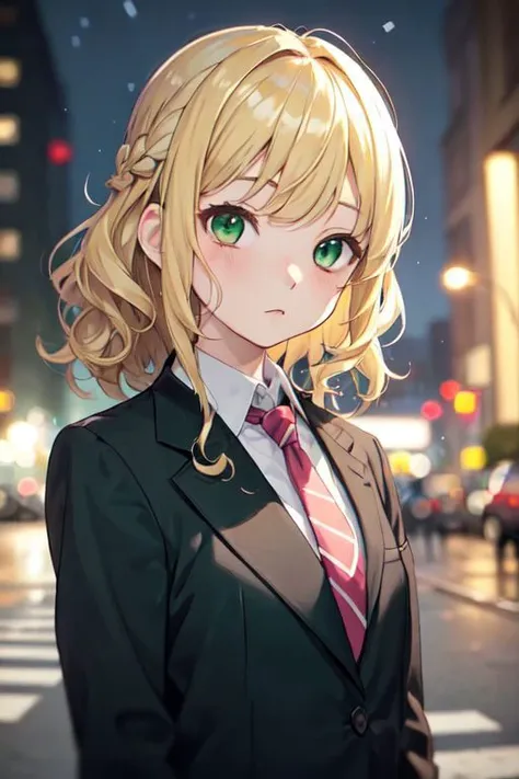 masterpiece, best quality, cute, kawaii, anime screencap, 
medium hair, wavy hair, blonde hair, green eyes, swept bangs, shirt, braid, suit jacket, hairpin, necktie,
depth of field, street, bokeh, night, portrait,