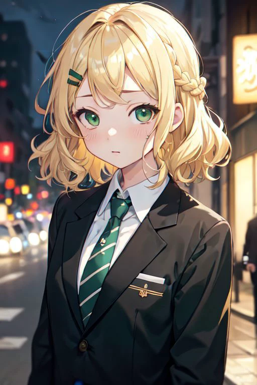 masterpiece, best quality, cute, kawaii, anime screencap,
medium hair, wavy hair, blonde hair, green eyes, swept bangs, shirt, braid, suit jacket, hairpin, necktie,
depth of field, street, bokeh, night, portrait,