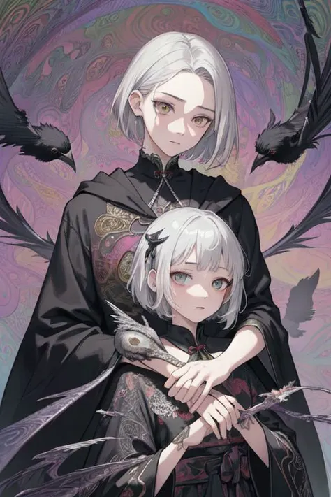 realistic, (masterpiece, top quality, best quality, official art, beautiful and aesthetic:1.2), extremely detailed,fractal art,colorful,highest detailed,zentangle,(abstract background:1.5) (1boy + 1girl:1.3), (crows),silver hair, bright eyes,hair slicked back, short hair, black robe, dark fantasy, holy, horror, most beautiful photo, photorealistic, dragons, skulls