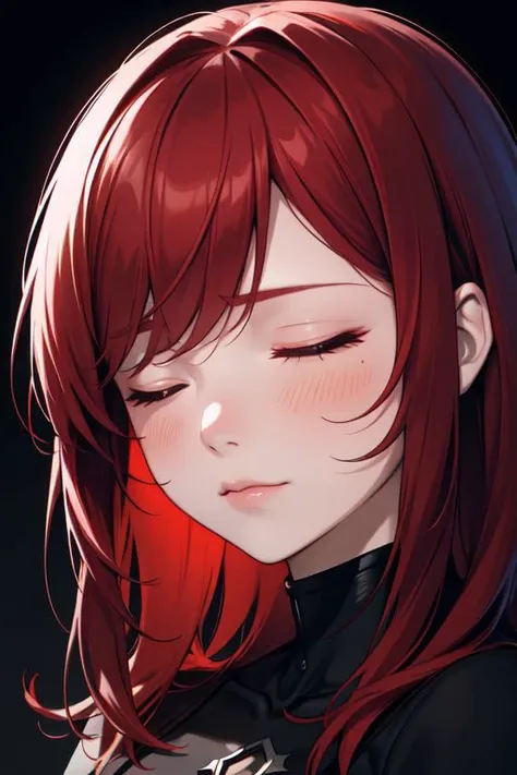 face closeup,closed eyes,redhead,dark theme, detailed skin, empty background