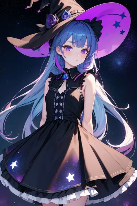 masterpiece, best quality, detailed, 1girl, night sky, stars, arms at sides, levitating, witch hat, gothic two toned dress, detailed eyes, purple eyes, multicolored hair, long light blue hair, arms behind back