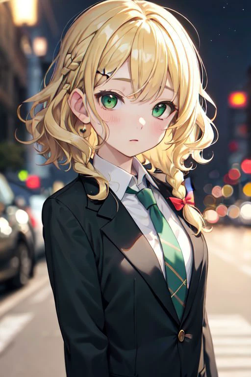 masterpiece, best quality, cute, kawaii, anime screencap,
medium hair, wavy hair, blonde hair, green eyes, swept bangs, shirt, braid, suit jacket, hairpin, necktie,
depth of field, street, bokeh, night, portrait,
