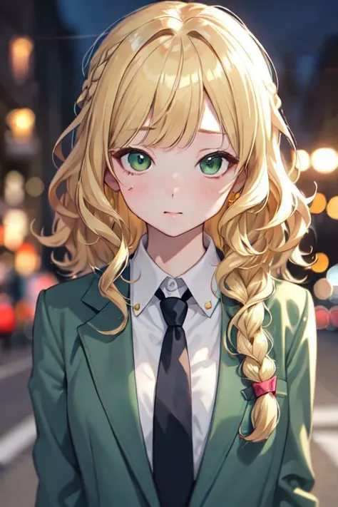 masterpiece, best quality, cute, kawaii, anime screencap, close up,
medium hair, wavy hair, blonde hair, green eyes, swept bangs, shirt, braid, suit jacket, hairpin, necktie,
depth of field, street, bokeh, night, portrait,