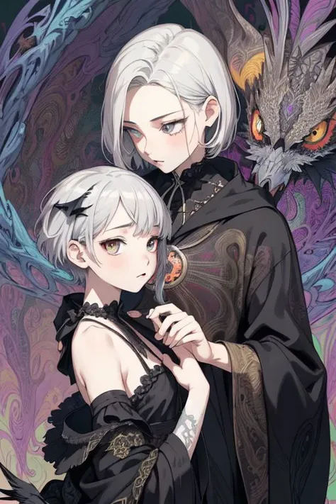 realistic, (masterpiece, top quality, best quality, official art, beautiful and aesthetic:1.2), extremely detailed,fractal art,colorful,highest detailed,zentangle,(abstract background:1.5) (1boy + 1girl:1.3), (crows),silver hair, bright eyes,hair slicked back, short hair, black robe, dark fantasy, holy, horror, most beautiful photo, photorealistic, dragons, skulls