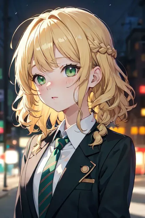 masterpiece, best quality, cute, kawaii, anime screencap, close up,
medium hair, wavy hair, blonde hair, green eyes, swept bangs, shirt, braid, suit jacket, hairpin, necktie,
depth of field, street, bokeh, night, portrait,