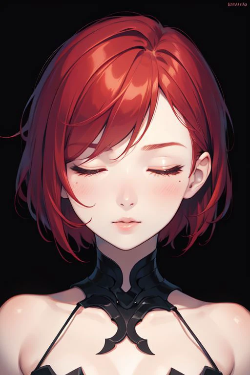 face closeup,closed eyes,beautiful redhead girl with short hair,dark theme, detailed skin, empty background