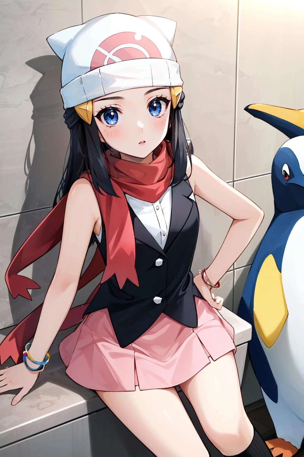 (masterpiece, best quality), intricate details,
1girl, <lora:pokemon dawn-lora-nochekaiser:0.8> pokemon dawn, black hair, blue eyes, sidelocks, long hair,, bare shoulders, beanie, black shirt, black socks, bracelet, hat, jewelry, kneehighs, miniskirt, pink skirt, red scarf, scarf, shirt, skirt, sleeveless, sleeveless shirt, white headwear,
indoors, (penguin:1.3), bathroom, toilet,