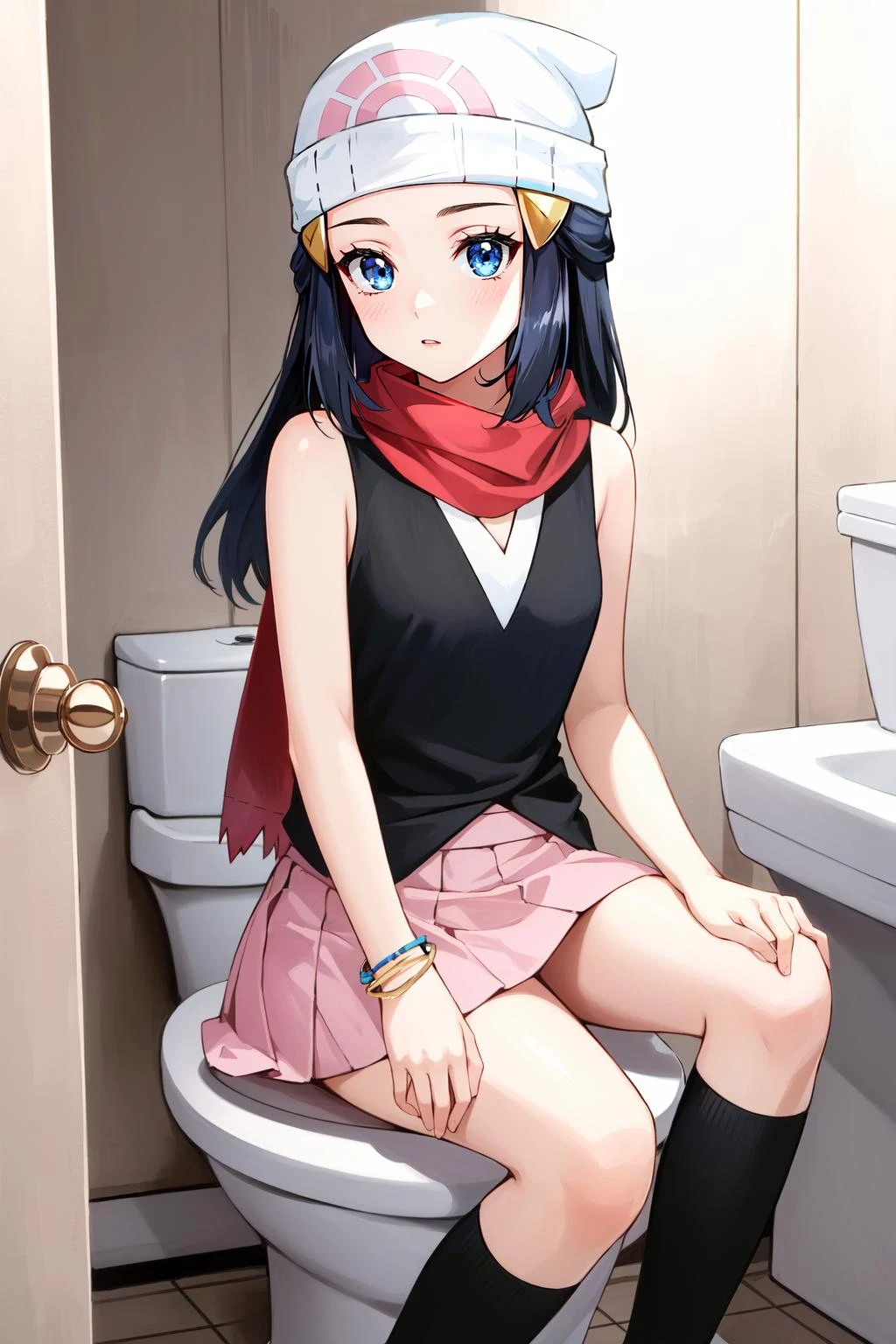 (masterpiece, best quality), intricate details,
1girl, <lora:pokemon dawn-lora-nochekaiser:0.8> pokemon dawn, black hair, blue eyes, sidelocks, long hair,, bare shoulders, beanie, black shirt, black socks, bracelet, hat, jewelry, kneehighs, miniskirt, pink skirt, red scarf, scarf, shirt, skirt, sleeveless, sleeveless shirt, white headwear,
indoors, bathroom, toilet, sitting on toilet, going to bathroom,
