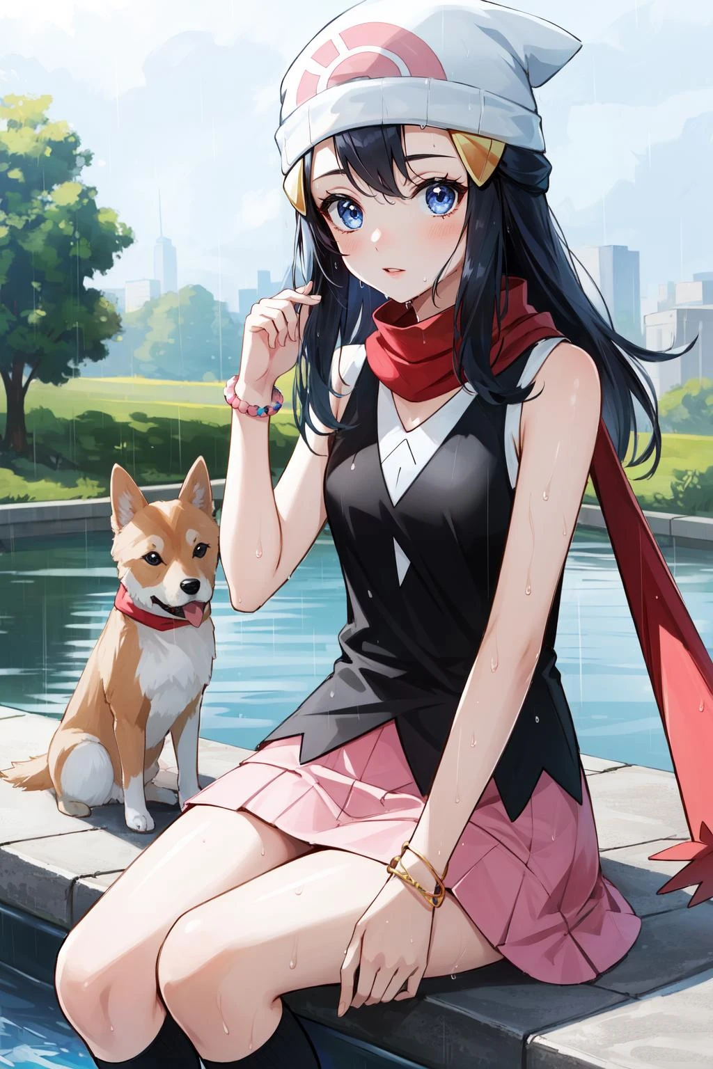 (masterpiece, best quality), intricate details,
1girl, <lora:pokemon dawn-lora-nochekaiser:0.8> pokemon dawn, black hair, blue eyes, sidelocks, long hair,, bare shoulders, beanie, black shirt, black socks, bracelet, hat, jewelry, kneehighs, miniskirt, pink skirt, red scarf, scarf, shirt, skirt, sleeveless, sleeveless shirt, white headwear,
outdoors, rain, umbrella, dog, wet clothes,